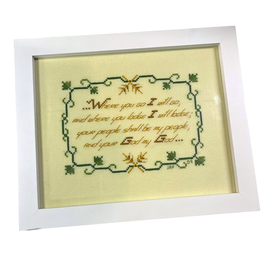 Vintage Framed Cross Stitch Bible Verse Where You Go I Will Go 11.5x9.5